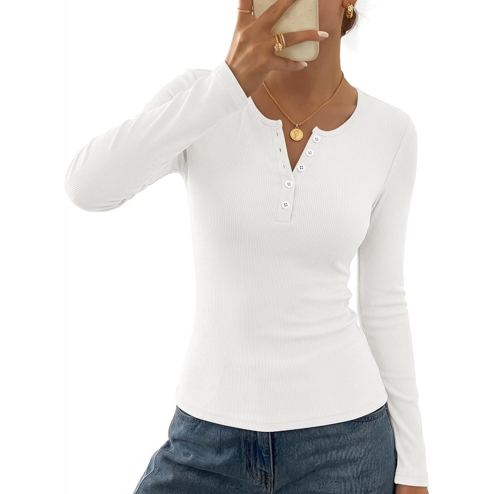 image:imageMEROKEETY Womens Striped Long Sleeve Shirts Fall Trendy Henley Tops Ribbed Knit Slim Fit Lightweight Color Block Work TShirts Cozy Going Out Top Business Casual Outfits Basic Tees 2026White