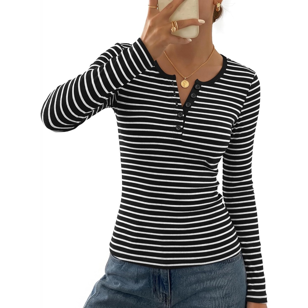 image:imageMEROKEETY Womens Striped Long Sleeve Shirts Fall Trendy Henley Tops Ribbed Knit Slim Fit Lightweight Color Block Work TShirts Cozy Going Out Top Business Casual Outfits Basic Tees 2026Stripeblack