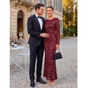 MEROKEETY Formal Fall Long Sleeve Sequin Bodycon Maxi Dress Women 2026 Gown | Sparkly, Fancy Jacquard Mesh, Lined, Side Slit, Lace-like, Cocktail Party, Dinner, Evening, Holiday, Wedding Guest Long Dress(Wine)
