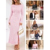 MEROKEETY Formal Fall Long Sleeve Sequin Bodycon Maxi Dress Women 2026 Gown | Sparkly, Fancy Jacquard Mesh, Lined, Side Slit, Lace-like, Cocktail Party, Dinner, Evening, Holiday, Wedding Guest Long Dress(Pink)