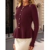 MEROKEETY Long Sleeve Fitted Waist Cardigan Sweaters for Women 2026 Fall | Crew Neck, Button Down, Open Front, Flattering Peplum Hem, Business Casual Cardigan, Soft Sweater, Winter Trendy Outfits(Wine)