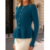 MEROKEETY Long Sleeve Fitted Waist Cardigan Sweaters for Women 2026 Fall | Crew Neck, Button Down, Open Front, Flattering Peplum Hem, Business Casual Cardigan, Soft Sweater, Winter Trendy Outfits(Teal)