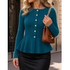 MEROKEETY Long Sleeve Fitted Waist Cardigan Sweaters for Women 2026 Fall | Crew Neck, Button Down, Open Front, Flattering Peplum Hem, Business Casual Cardigan, Soft Sweater, Winter Trendy Outfits(Teal)