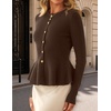 MEROKEETY Long Sleeve Fitted Waist Cardigan Sweaters for Women 2026 Fall | Crew Neck, Button Down, Open Front, Flattering Peplum Hem, Business Casual Cardigan, Soft Sweater, Winter Trendy Outfits(Coffee)