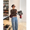 MEROKEETY Women’s 2026 Boat Neck Bell Sleeve Going Out Tops | Trendy Business Casual Blouses, Long Sleeve T Shirt, Casual Outfits, Slim Fit, Textured Knit, Fall Winter Layering Clothing(Coffee)