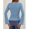MEROKEETY Women’s 2026 Boat Neck Bell Sleeve Going Out Tops | Trendy Business Casual Blouses, Long Sleeve T Shirt, Casual Outfits, Slim Fit, Textured Knit, Fall Winter Layering Clothing(Blue)