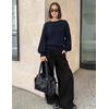 MEROKEETY Womens Boat Neck Long Lantern Sleeve Sweaters 2026 Dressy Casual | Hollow Out, Knitted, Cozy, Loose Ribbed Hem Pullover, Trendy Drop Shoulder Jumper Top, Fall Fashion, Layering Winter Clothing(Navy)