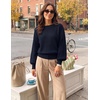 MEROKEETY Womens Boat Neck Long Lantern Sleeve Sweaters 2026 Dressy Casual | Hollow Out, Knitted, Cozy, Loose Ribbed Hem Pullover, Trendy Drop Shoulder Jumper Top, Fall Fashion, Layering Winter Clothing(Navy)