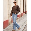 MEROKEETY Womens Boat Neck Long Lantern Sleeve Sweaters 2026 Dressy Casual | Hollow Out, Knitted, Cozy, Loose Ribbed Hem Pullover, Trendy Drop Shoulder Jumper Top, Fall Fashion, Layering Winter Clothing(Coffee)