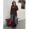MEROKEETY Womens Fall Asymmetric Lace Long Sleeve Top 2026 | Crew Neck, Drop Shoulder, Loose Fit, Cotton Blend, Soft Stretchy, Going Out Clothes, Dressy Casual Blouse, Trendy T Shirts(Coffee)