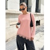MEROKEETY Womens Fall Asymmetric Lace Long Sleeve Top 2026 | Crew Neck, Drop Shoulder, Loose Fit, Cotton Blend, Soft Stretchy, Going Out Clothes, Dressy Casual Blouse, Trendy T Shirts(Pink)
