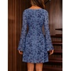 MEROKEETY Women’s Fall Floral Mesh Long Sleeve Cocktail Club Mini Dress | Bell Sleeves, Ruched, Cinched Waist, Lace Trimmed V Neck, Fitted, Y2K, Sexy, Concert Outfits, Party Short Dresses(Dusty Blue)
