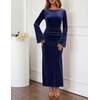 MEROKEETY Women’s Fall Formal Long Sleeve Velvet Maxi Dress 2026 Bodycon | Boat Neck, Side Slit, Ruched Details, Solid, Elegant, Wedding Guest, Cocktail Party, Holiday, Event, Dinner, Fashion(Navy)