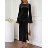 MEROKEETY Women’s Fall Formal Long Sleeve Velvet Maxi Dress 2026 Bodycon | Boat Neck, Side Slit, Ruched Details, Solid, Elegant, Wedding Guest, Cocktail Party, Holiday, Event, Dinner, Fashion(Black)