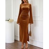 MEROKEETY Women’s Fall Formal Long Sleeve Velvet Maxi Dress 2026 Bodycon | Boat Neck, Side Slit, Ruched Details, Solid, Elegant, Wedding Guest, Cocktail Party, Holiday, Event, Dinner, Fashion(Golden)