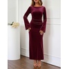 MEROKEETY Women’s Fall Formal Long Sleeve Velvet Maxi Dress 2026 Bodycon | Boat Neck, Side Slit, Ruched Details, Solid, Elegant, Wedding Guest, Cocktail Party, Holiday, Event, Dinner, Fashion(Wine)