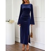 MEROKEETY Women’s Fall Formal Long Sleeve Velvet Maxi Dress 2026 Bodycon | Boat Neck, Side Slit, Ruched Details, Solid, Elegant, Wedding Guest, Cocktail Party, Holiday, Event, Dinner, Fashion(Navy)