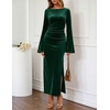MEROKEETY Women’s Fall Formal Long Sleeve Velvet Maxi Dress 2026 Bodycon | Boat Neck, Side Slit, Ruched Details, Solid, Elegant, Wedding Guest, Cocktail Party, Holiday, Event, Dinner, Fashion(Darkgreen)