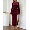 MEROKEETY Women’s Fall Formal Long Sleeve Velvet Maxi Dress 2026 Bodycon | Boat Neck, Side Slit, Ruched Details, Solid, Elegant, Wedding Guest, Cocktail Party, Holiday, Event, Dinner, Fashion(Wine)