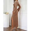 MEROKEETY Women’s Fall Formal Long Sleeve Velvet Maxi Dress 2026 Bodycon | Boat Neck, Side Slit, Ruched Details, Solid, Elegant, Wedding Guest, Cocktail Party, Holiday, Event, Dinner, Fashion(Champagne)