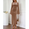 MEROKEETY Women’s Fall Formal Long Sleeve Velvet Maxi Dress 2026 Bodycon | Boat Neck, Side Slit, Ruched Details, Solid, Elegant, Wedding Guest, Cocktail Party, Holiday, Event, Dinner, Fashion(Champagne)
