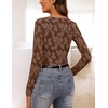 MEROKEETY Womens Fall Long Sleeve Floral Mesh Blouse Top 2026 Dressy Casual | Jacquard Fabric, Sheer Sleeves, Crew Neck, Fitted, Trendy, Ruched Details, Cinched Waist, T Shirt, Fashion Outfit Clothes(Brown)