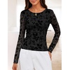 MEROKEETY Womens Fall Long Sleeve Floral Mesh Blouse Top 2026 Dressy Casual | Jacquard Fabric, Sheer Sleeves, Crew Neck, Fitted, Trendy, Ruched Details, Cinched Waist, T Shirt, Fashion Outfit Clothes(Black)