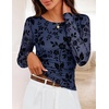 MEROKEETY Womens Fall Long Sleeve Floral Mesh Blouse Top 2026 Dressy Casual | Jacquard Fabric, Sheer Sleeves, Crew Neck, Fitted, Trendy, Ruched Details, Cinched Waist, T Shirt, Fashion Outfit Clothes(Navy)