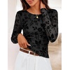 MEROKEETY Womens Fall Long Sleeve Floral Mesh Blouse Top 2026 Dressy Casual | Jacquard Fabric, Sheer Sleeves, Crew Neck, Fitted, Trendy, Ruched Details, Cinched Waist, T Shirt, Fashion Outfit Clothes(Black)