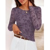 MEROKEETY Womens Fall Long Sleeve Floral Mesh Blouse Top 2026 Dressy Casual | Jacquard Fabric, Sheer Sleeves, Crew Neck, Fitted, Trendy, Ruched Details, Cinched Waist, T Shirt, Fashion Outfit Clothes(Purple)