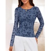 MEROKEETY Womens Fall Long Sleeve Floral Mesh Blouse Top 2026 Dressy Casual | Jacquard Fabric, Sheer Sleeves, Crew Neck, Fitted, Trendy, Ruched Details, Cinched Waist, T Shirt, Fashion Outfit Clothes(Dustyblue)