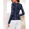MEROKEETY Womens Fall Long Sleeve Floral Mesh Blouse Top 2026 Dressy Casual | Jacquard Fabric, Sheer Sleeves, Crew Neck, Fitted, Trendy, Ruched Details, Cinched Waist, T Shirt, Fashion Outfit Clothes(Navy)