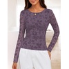 MEROKEETY Womens Fall Long Sleeve Floral Mesh Blouse Top 2026 Dressy Casual | Jacquard Fabric, Sheer Sleeves, Crew Neck, Fitted, Trendy, Ruched Details, Cinched Waist, T Shirt, Fashion Outfit Clothes(Purple)