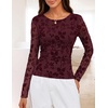 MEROKEETY Womens Fall Long Sleeve Floral Mesh Blouse Top 2026 Dressy Casual | Jacquard Fabric, Sheer Sleeves, Crew Neck, Fitted, Trendy, Ruched Details, Cinched Waist, T Shirt, Fashion Outfit Clothes(Wine)