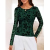 MEROKEETY Womens Fall Long Sleeve Floral Mesh Blouse Top 2026 Dressy Casual | Jacquard Fabric, Sheer Sleeves, Crew Neck, Fitted, Trendy, Ruched Details, Cinched Waist, T Shirt, Fashion Outfit Clothes(Darkgreen)