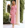 MEROKEETY Women’s Fall Long Sleeve Wrap V Neck Floral Maxi Dress 2026 | Snap Button, Slim Fit, Ruched Waist, Bodycon, Ruffle Hem, Lined, Wedding Guest, Cocktail, Party, Formal, Winter Long Dresses(Pink)