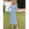 MEROKEETY Women’s Fall Long Sleeve Wrap V Neck Floral Maxi Dress 2026 | Snap Button, Slim Fit, Ruched Waist, Bodycon, Ruffle Hem, Lined, Wedding Guest, Cocktail, Party, Formal, Winter Long Dresses(Blue)