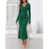 MEROKEETY Women’s Fall Long Sleeve Wrap V Neck Floral Maxi Dress 2026 | Snap Button, Slim Fit, Ruched Waist, Bodycon, Ruffle Hem, Lined, Wedding Guest, Cocktail, Party, Formal, Winter Long Dresses(Green)