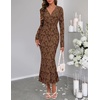 MEROKEETY Women’s Fall Long Sleeve Wrap V Neck Floral Maxi Dress 2026 | Snap Button, Slim Fit, Ruched Waist, Bodycon, Ruffle Hem, Lined, Wedding Guest, Cocktail, Party, Formal, Winter Long Dresses(Brown)