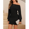 MEROKEETY Women’s Fall Off Shoulder Cocktail Party Mini Dresses | Long Sleeve, Date Night, Going Out Outfits, Bodycon, Dinner, Asymmetrical, Ruched Waist, Slim Fit, Y2K, Club Short Dress(Black)