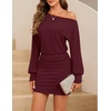 MEROKEETY Women’s Fall Off Shoulder Cocktail Party Mini Dresses | Long Sleeve, Date Night, Going Out Outfits, Bodycon, Dinner, Asymmetrical, Ruched Waist, Slim Fit, Y2K, Club Short Dress(Burgundy)