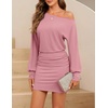 MEROKEETY Women’s Fall Off Shoulder Cocktail Party Mini Dresses | Long Sleeve, Date Night, Going Out Outfits, Bodycon, Dinner, Asymmetrical, Ruched Waist, Slim Fit, Y2K, Club Short Dress(Pink)