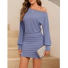 MEROKEETY Women’s Fall Off Shoulder Cocktail Party Mini Dresses | Long Sleeve, Date Night, Going Out Outfits, Bodycon, Dinner, Asymmetrical, Ruched Waist, Slim Fit, Y2K, Club Short Dress(Blue)