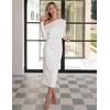 MEROKEETY Women’s Fall Off Shoulder Long Sleeve Wedding Guest Midi Dress | Fitted, Ruched Waist, Baby Shower, Bridesmaid, Date Night, Modest Elegant, Business Casual, 2026 Formal Dress, Winter Outfits(White)