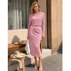 MEROKEETY Women’s Fall Off Shoulder Long Sleeve Wedding Guest Midi Dress | Fitted, Ruched Waist, Baby Shower, Bridesmaid, Date Night, Modest Elegant, Business Casual, 2026 Formal Dress, Winter Outfits(Pink)