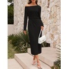 MEROKEETY Women’s Fall Off Shoulder Long Sleeve Wedding Guest Midi Dress | Fitted, Ruched Waist, Baby Shower, Bridesmaid, Date Night, Modest Elegant, Business Casual, 2026 Formal Dress, Winter Outfits(Black)