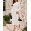 MEROKEETY Women’s Fall Off Shoulder Long Sleeve Wedding Guest Midi Dress | Fitted, Ruched Waist, Baby Shower, Bridesmaid, Date Night, Modest Elegant, Business Casual, 2026 Formal Dress, Winter Outfits(White)