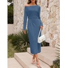 MEROKEETY Women’s Fall Off Shoulder Long Sleeve Wedding Guest Midi Dress | Fitted, Ruched Waist, Baby Shower, Bridesmaid, Date Night, Modest Elegant, Business Casual, 2026 Formal Dress, Winter Outfits(Dustyblue)