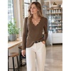 MEROKEETY Women’s Fall Puff Long Sleeve Business Casual Work Tops | Scalloped V Neck, Work T-Shirt, Cute, Trendy, Dressy Casual, Ribbed Knit, Fitted Blouse, 2026 Fall Winter Clothes(Brown)