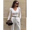 MEROKEETY Women’s Fall Puff Long Sleeve Business Casual Work Tops | Scalloped V Neck, Work T-Shirt, Cute, Trendy, Dressy Casual, Ribbed Knit, Fitted Blouse, 2026 Fall Winter Clothes(White)
